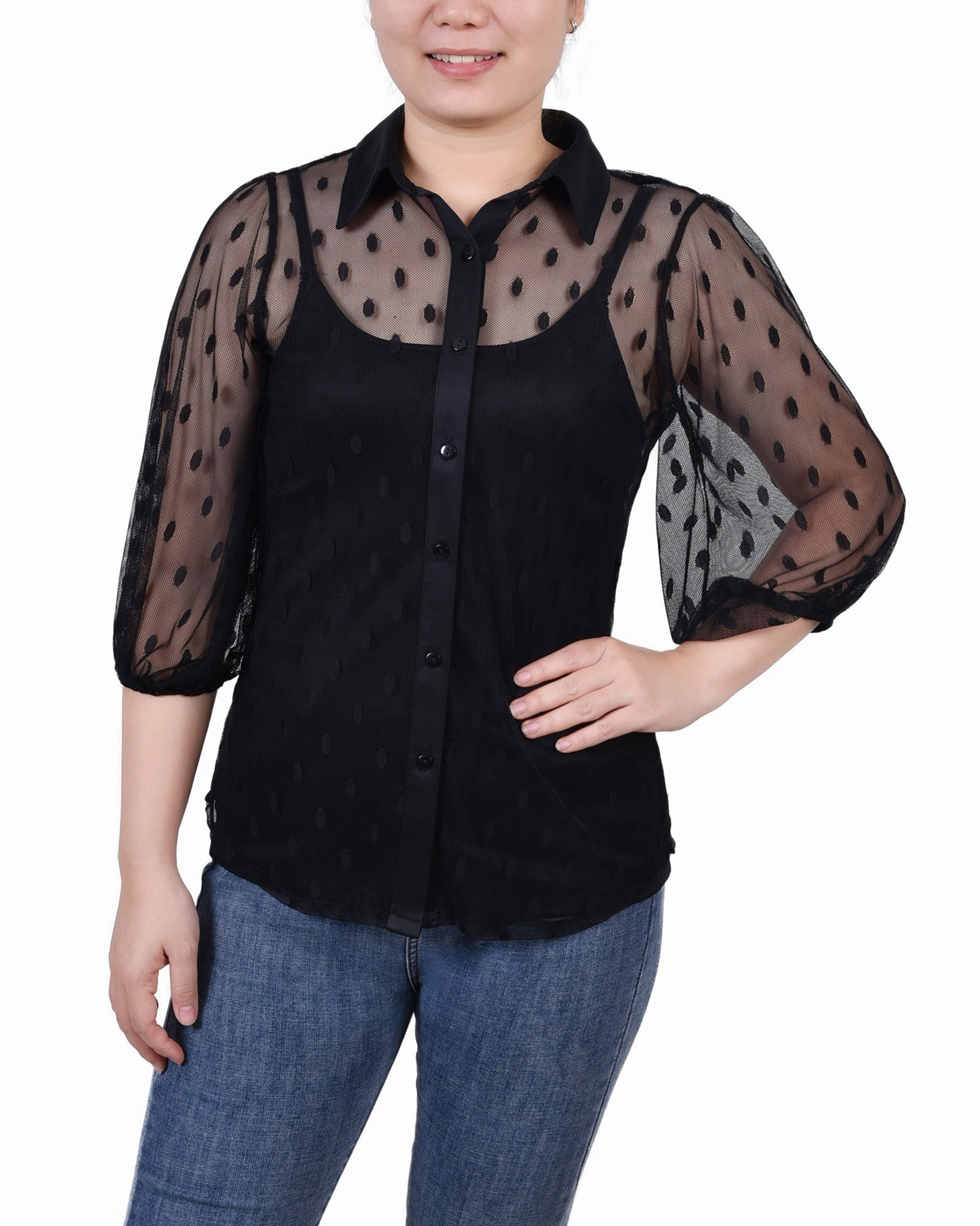 Petite Elbow Sleeve Clip Dot Blouse With Camisole Airflow Vents