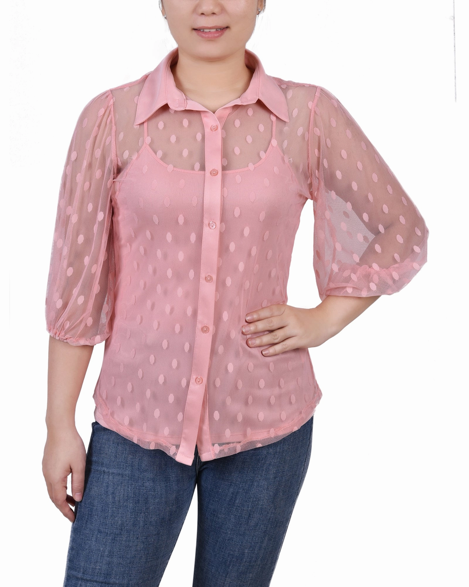 Petite Elbow Sleeve Clip Dot Blouse With Camisole Thermal regulation