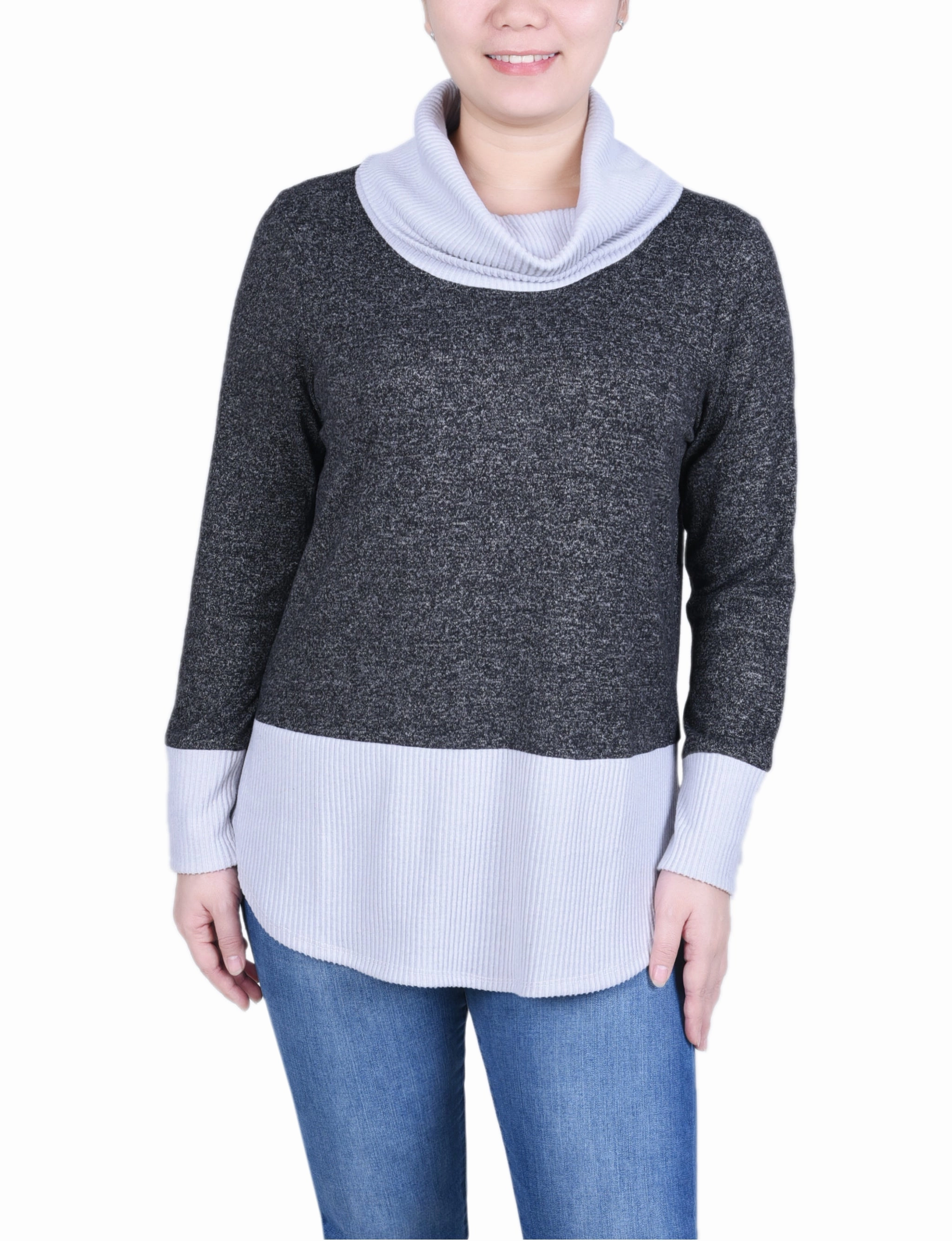 Petite Long Sleeve Cowl Neck Colorblocked Top Ribbed Neckline