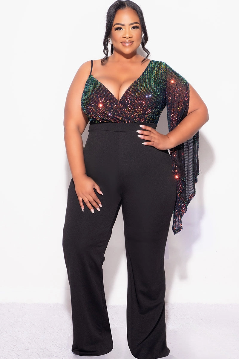 Final Sale Plus Size Multi Color Sequin Faux Wrap One Shoulder Jumpsuit with Slit Sleeve in Black WrinkleFreeFabric
