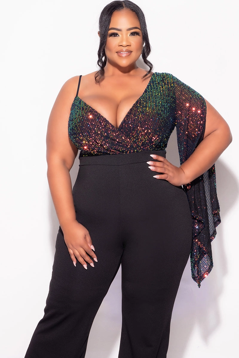 Final Sale Plus Size Multi Color Sequin Faux Wrap One Shoulder Jumpsuit with Slit Sleeve in Black Recyclable Fabric Blend