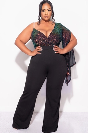 Lined interior Final Sale Plus Size Multi Color Sequin Faux Wrap One Shoulder Jumpsuit with Slit Sleeve in Black
