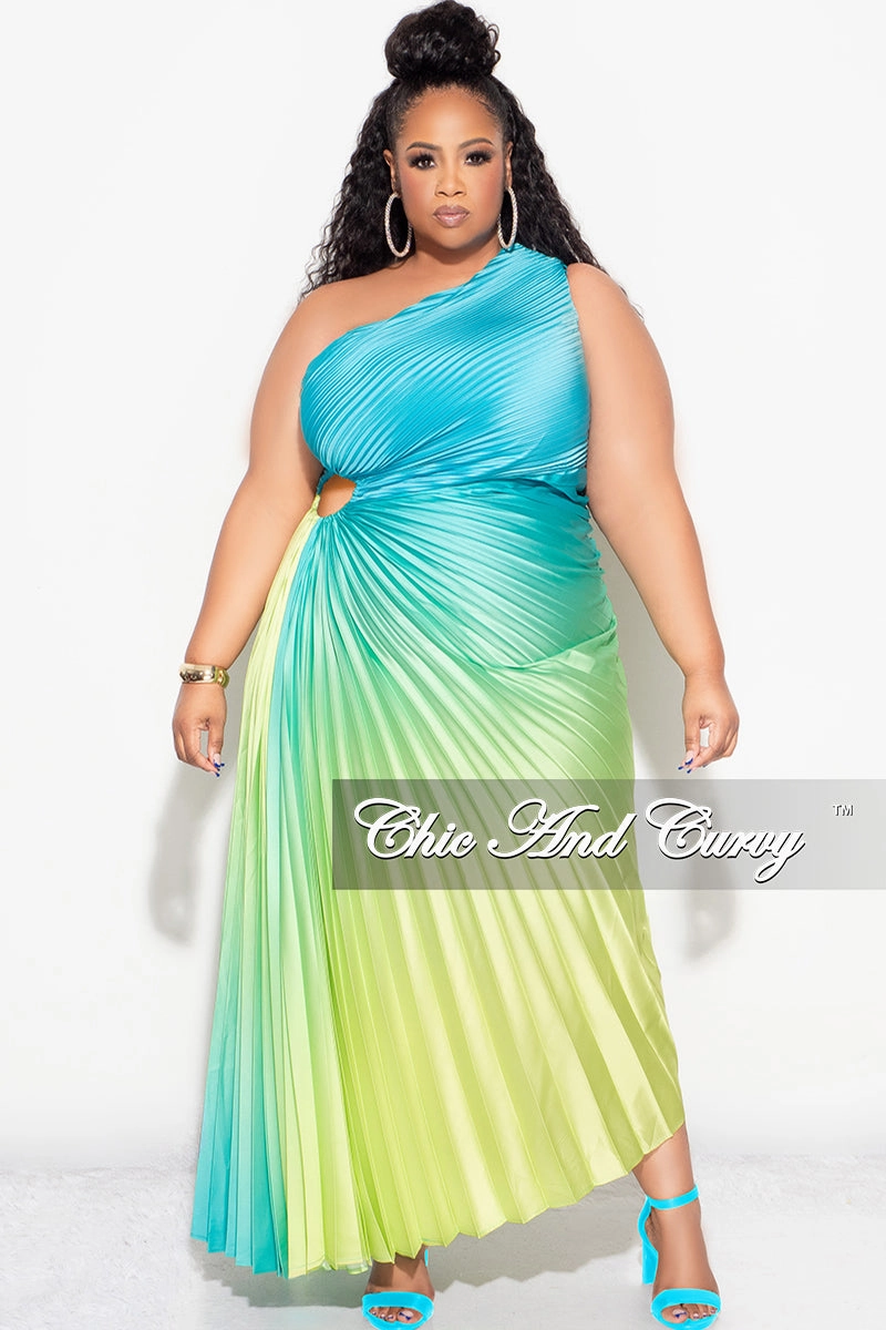 Final Sale Plus Size Satin One Shoulder Asymmetric Pleated Dress with Cut Out in Teal and Green Loose Design