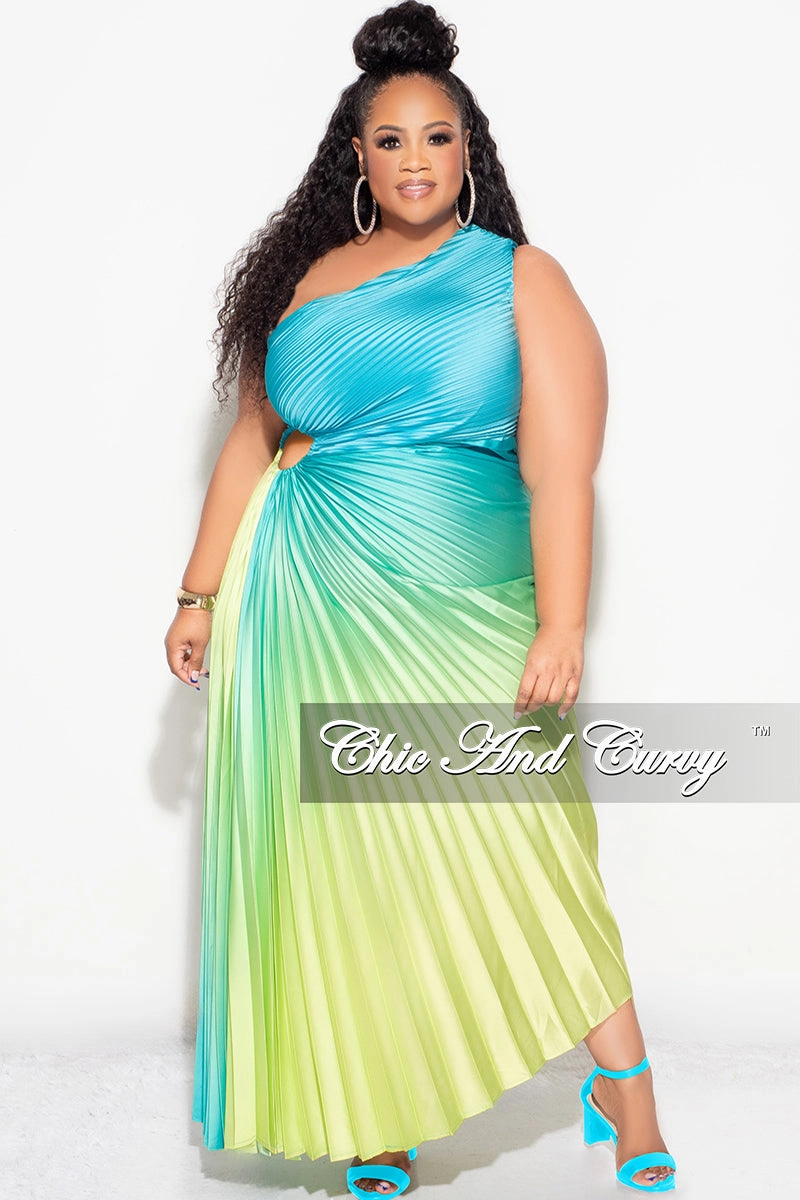 Final Sale Plus Size Satin One Shoulder Asymmetric Pleated Dress with Cut Out in Teal and Green Comfy Ease All Time Use