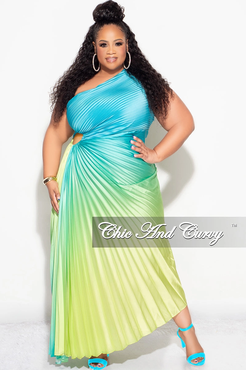 Final Sale Plus Size Satin One Shoulder Asymmetric Pleated Dress with Cut Out in Teal and Green Versatile Wear All Day Wear Comfort