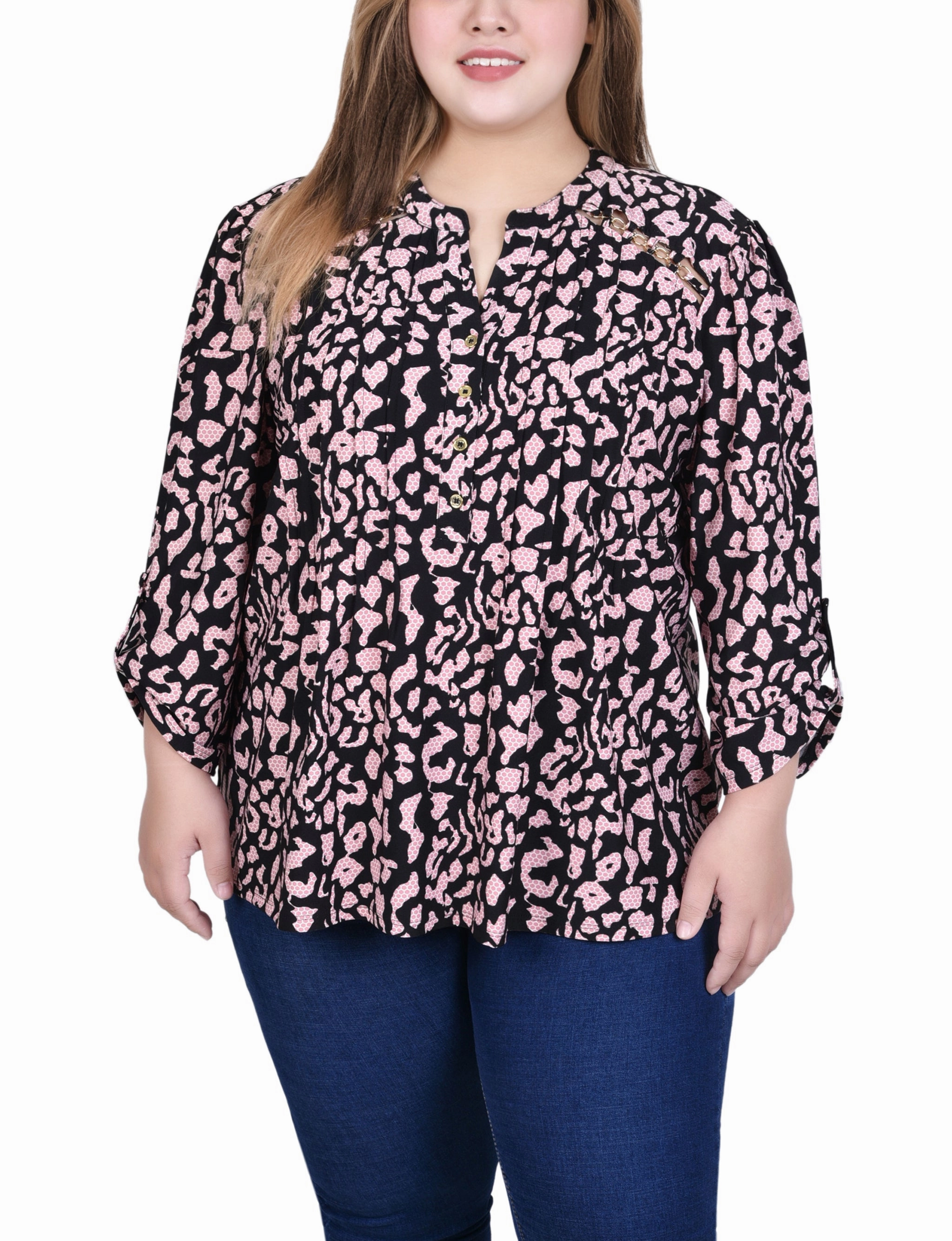AthleticInspired StretchComfort Plus Size Long Sleeve Pintuck Front Top With Chain Details