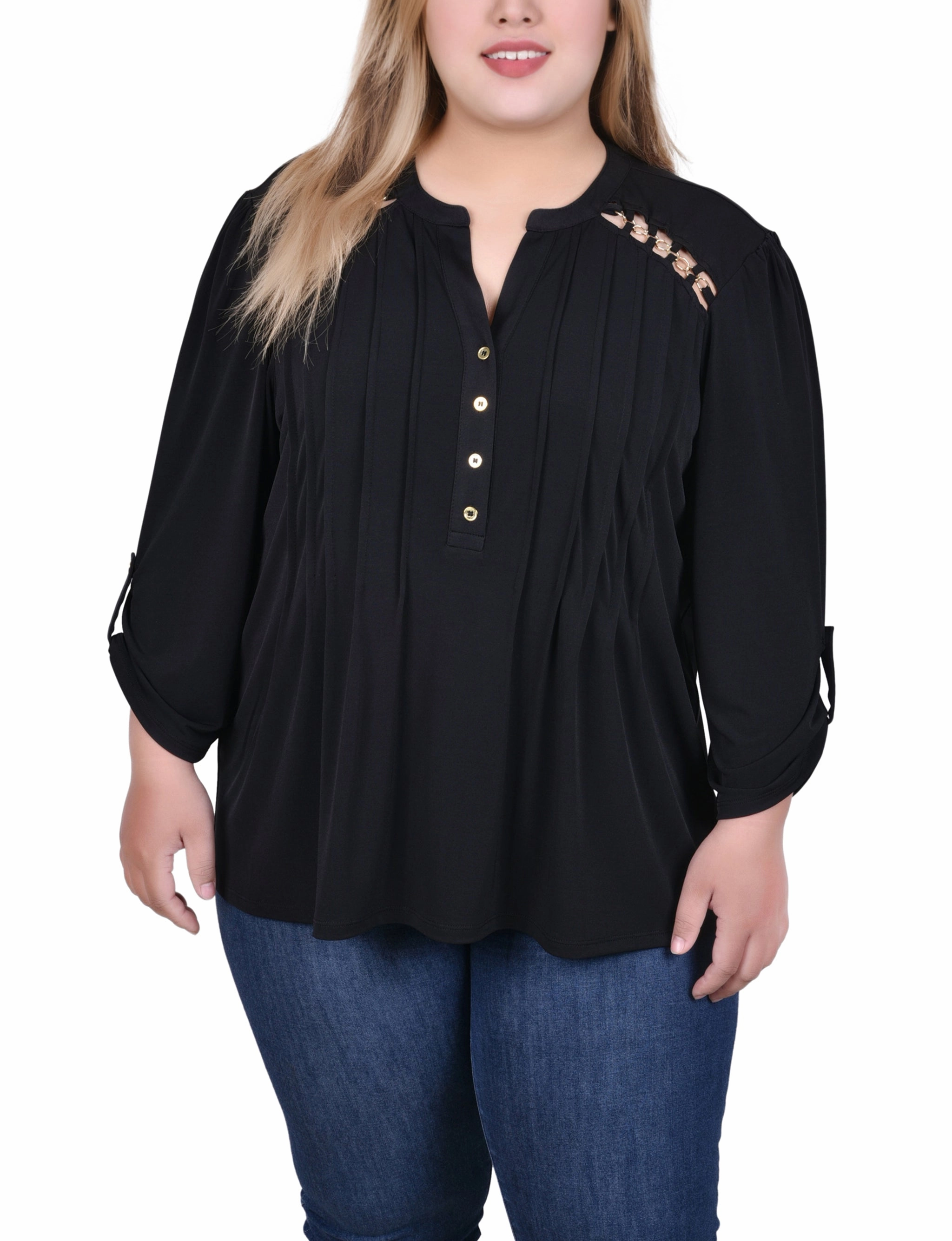 Plus Size Long Sleeve Pintuck Front Top With Chain Details Oversized Collar QuickRelease
