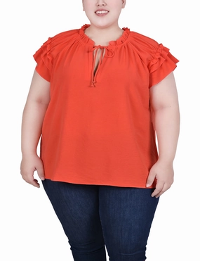 Plus Size Short Sleeve Ruffled Blouse NonChafingEdges Tagless Collar