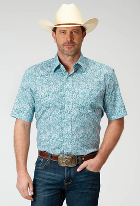 Roper Mens Poplin Paisley Teal Cotton Blend S/S Shirt Contemporary Design