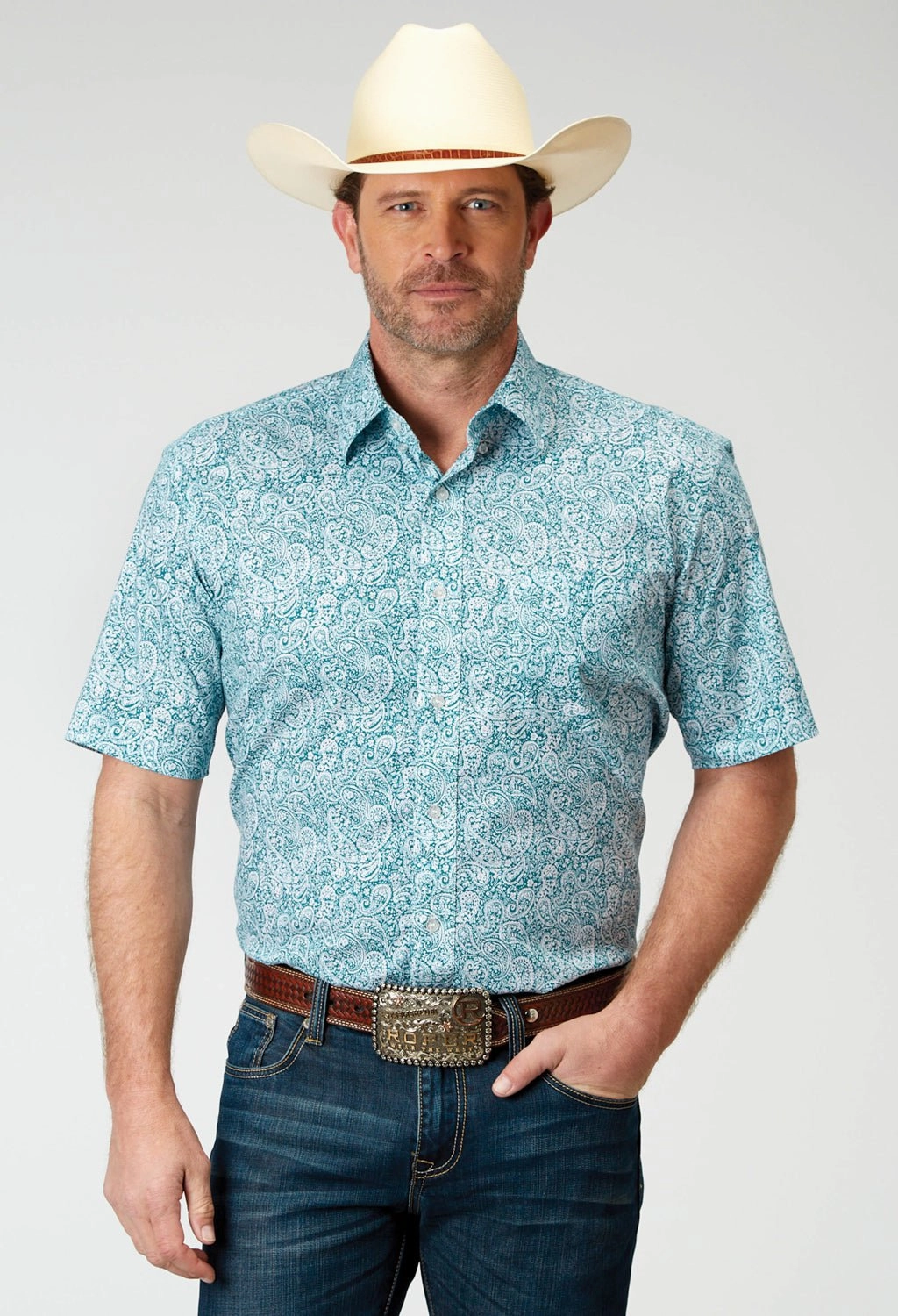 Roper Mens Poplin Paisley Teal Cotton Blend S/S Shirt Contemporary Design