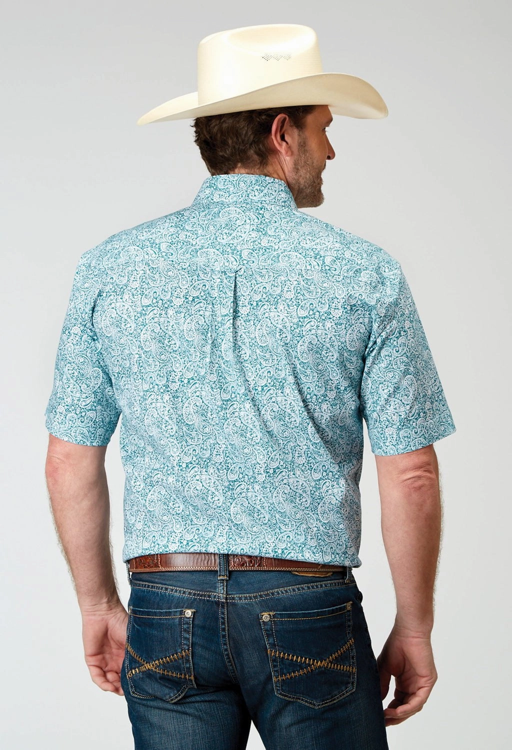 Roper Mens Poplin Paisley Teal Cotton Blend S/S Shirt Stylish Comfort