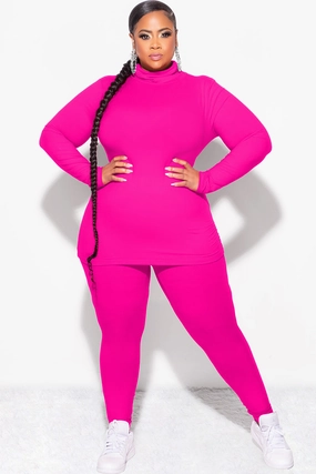 Final Sale Plus Size 2pc Set Turtleneck & Legging in Fuchsia Pink Adjustable Fit