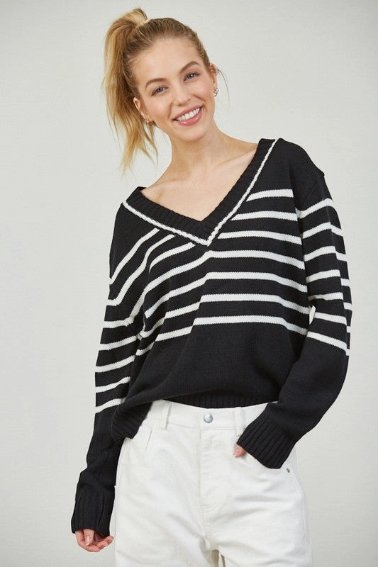 High Neck Design ISLA STRIPE V NECK SWEATER