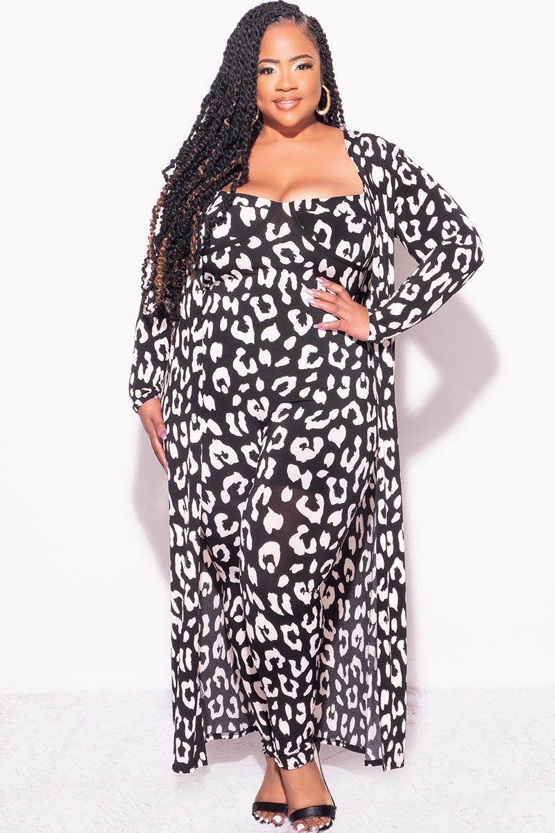 Reinforced Stress Points Final Sale Plus Size 2pc Duster & Spaghetti Strap Jumpsuit Set in Black & Beige Print