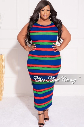 Final Sale Plus Size Ribbed Thick Bodycon Tank Dress in Multi-Color Stripes Comfy Design Ultra Soft
