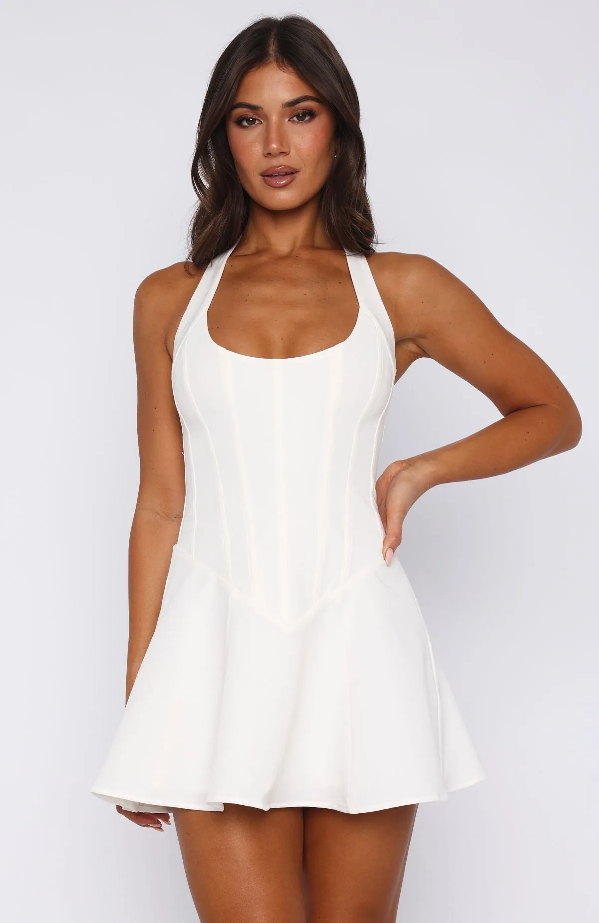 We Belong Halter Mini Dress White ClassicCrewNeck NonChafeCollarTech