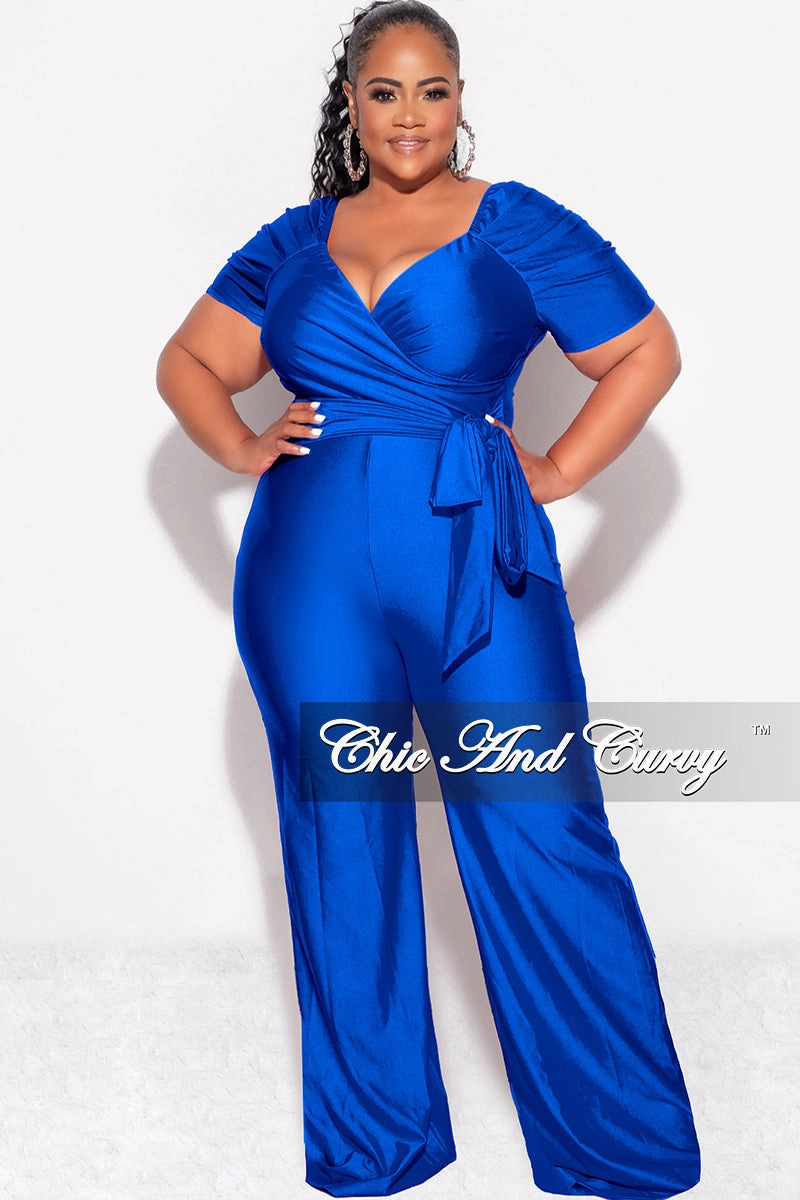 Final Sale Plus Size Shiny Jumpsuit with Ruched Sleeves in Royal Blue Corduroy texture
