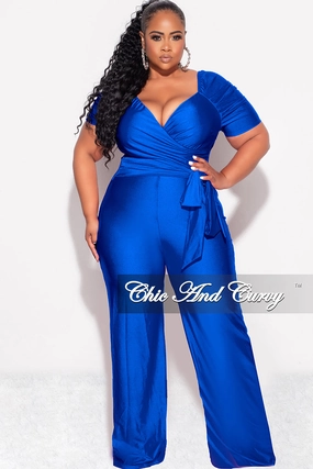 Final Sale Plus Size Shiny Jumpsuit with Ruched Sleeves in Royal Blue Long Wear WaterRepellent