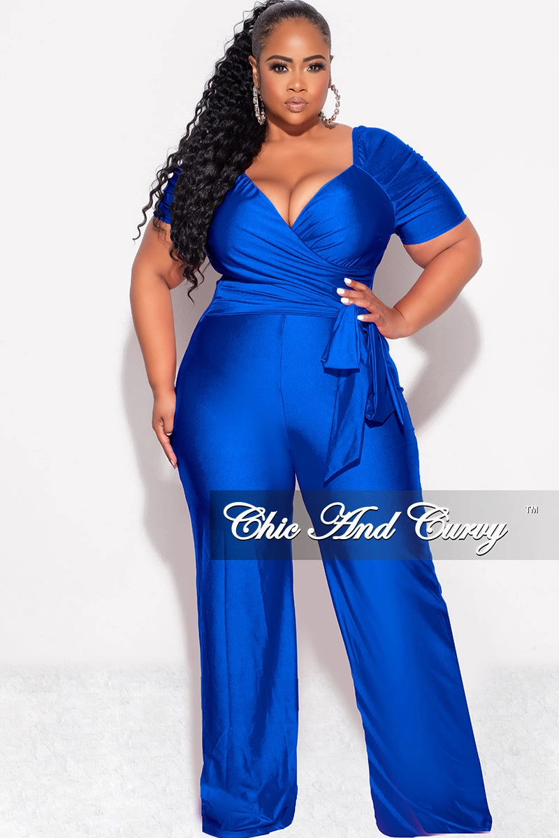 Final Sale Plus Size Shiny Jumpsuit with Ruched Sleeves in Royal Blue Long Wear WaterRepellent