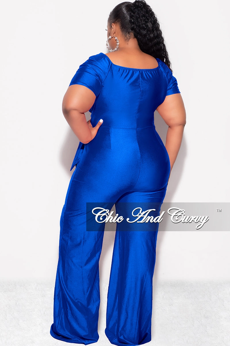 Move Friendly Final Sale Plus Size Shiny Jumpsuit with Ruched Sleeves in Royal Blue