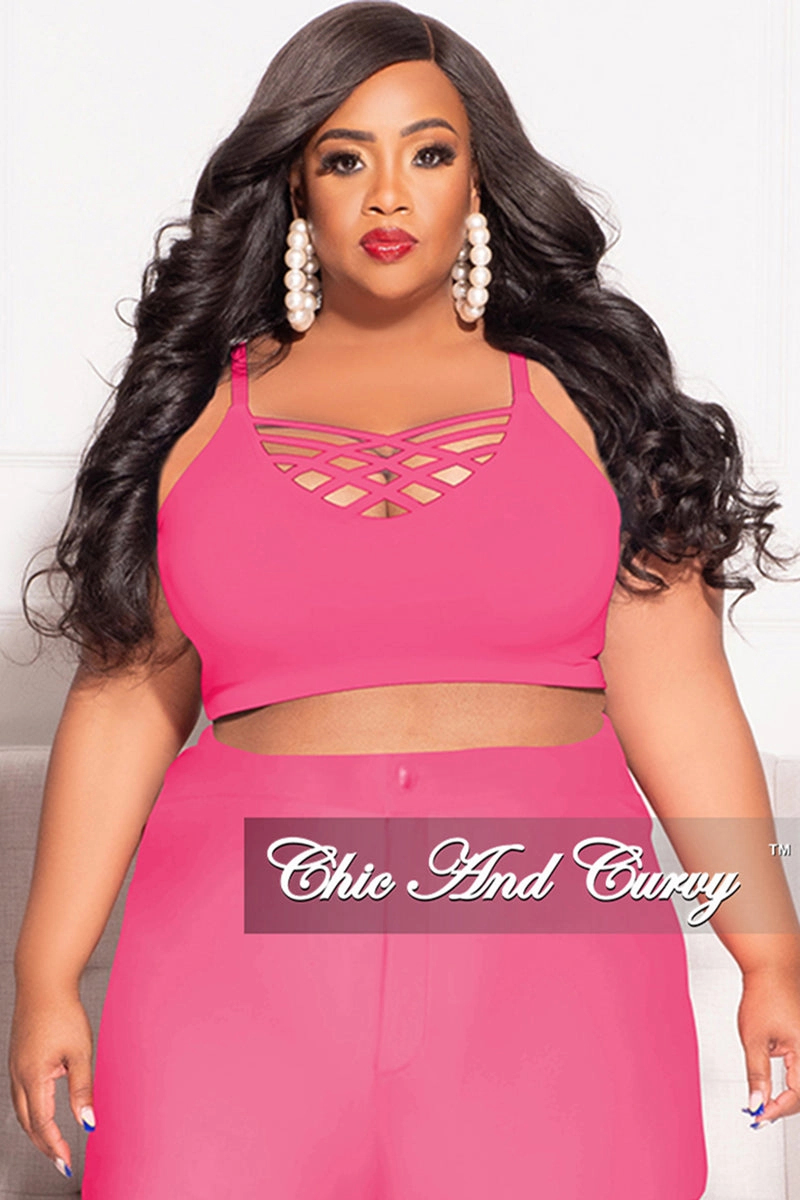 Final Sale Plus Size Spaghetti Strap Triple Criss Cross Front Bralette in Neon Pink City Ready Perfect Silhouette
