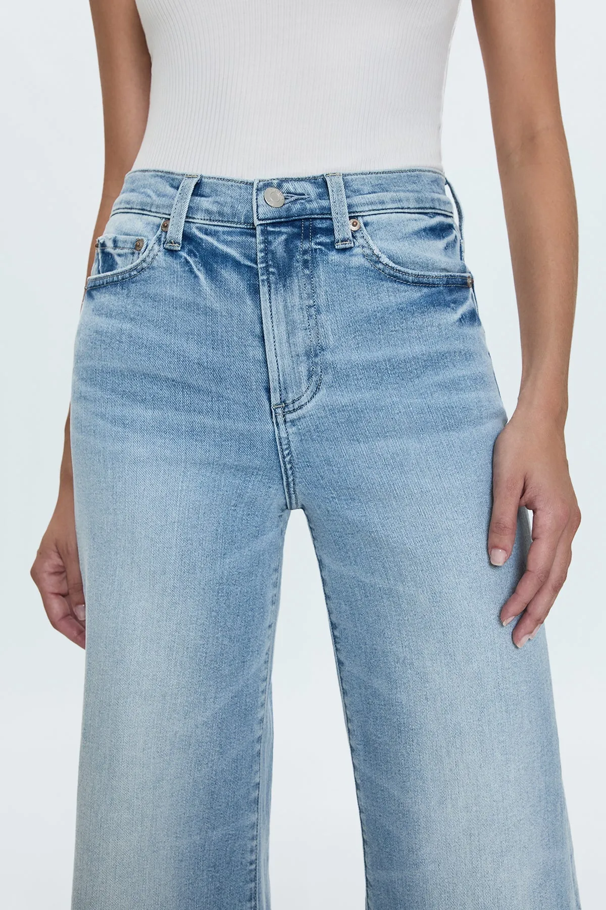 Izzy Mid Rise Wide Leg Crop Jean Moisture Wicking Technology