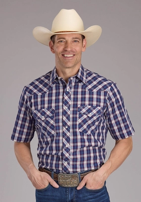 Roper Mens 2414 Multi Plaid Blue Cotton Blend S/S Shirt Tuckable Hem Fashion Comfort