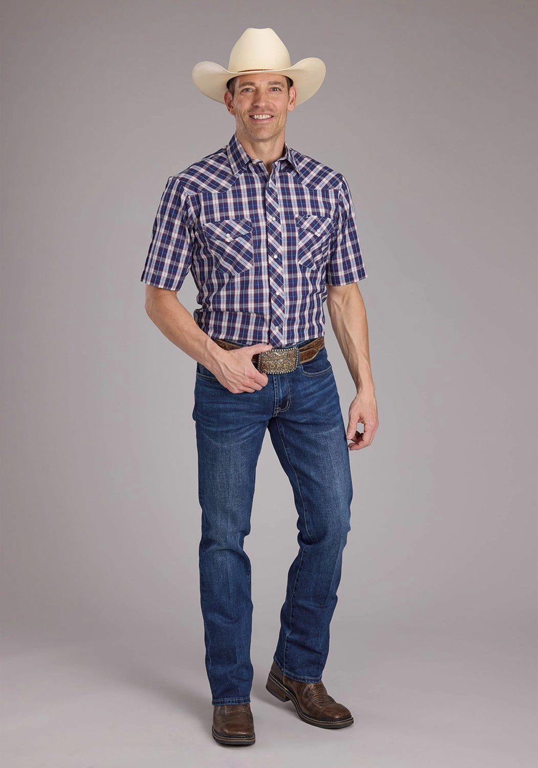 Roper Mens 2414 Multi Plaid Blue Cotton Blend S/S Shirt Quality Material Workwear Option