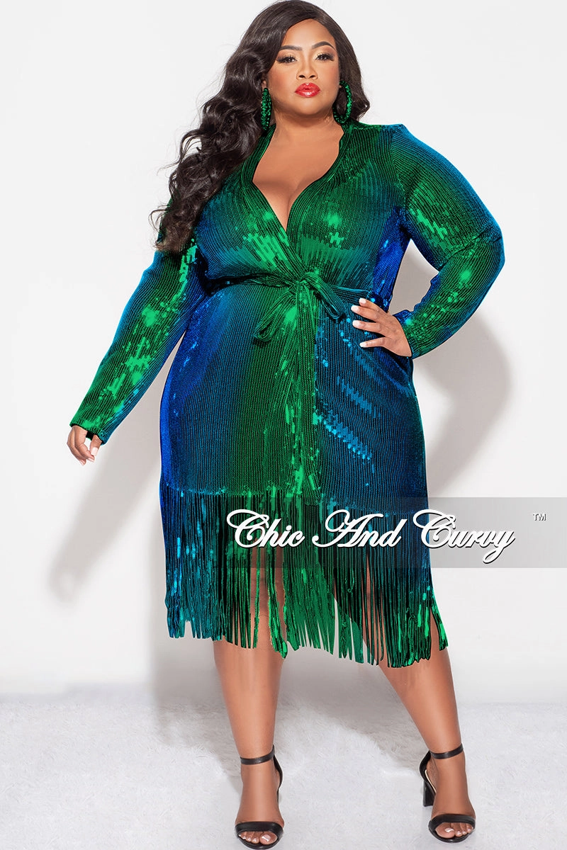 simple design Final Sale Plus Size Faux Sequin Mermaid Duster with Belt in Green and Blue