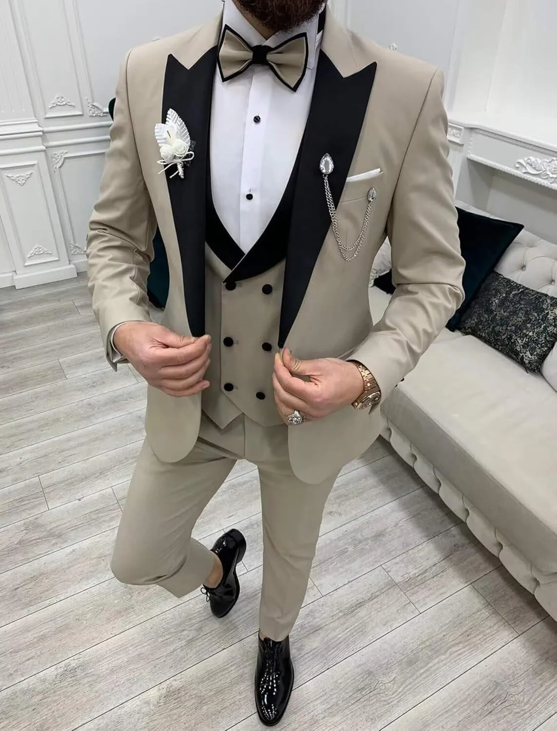 Wemaliyzd Mens Suit 3 Piece Slim Fit Tuxedo for Men Peak Lapel Jacket Double Breasted Waistcoat Pants