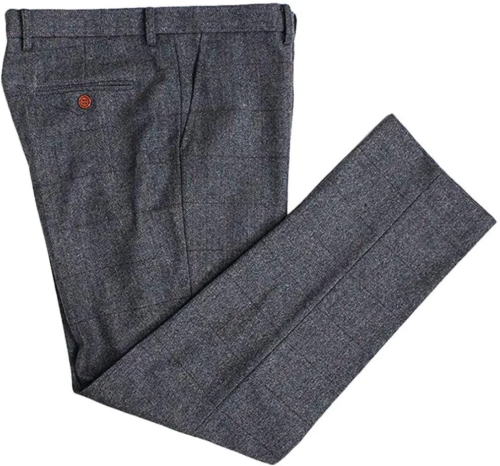 Wemaliyzd Men's Tweed Plaid Pants Expandable Waist Herringbone Checkered Classic Fit Slacks