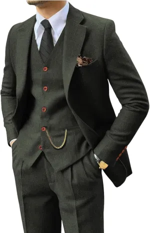 Wemaliyzd Vintage Men's Suit 3 Piece Plaid Tweed Herringbone Suits for Wedding Business Blazer Vest Pants