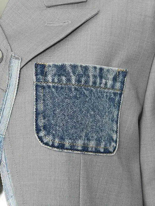 Wenkouban-Winter outfits Christmas Notched Denim Spliced Single Button Blazer Jacket