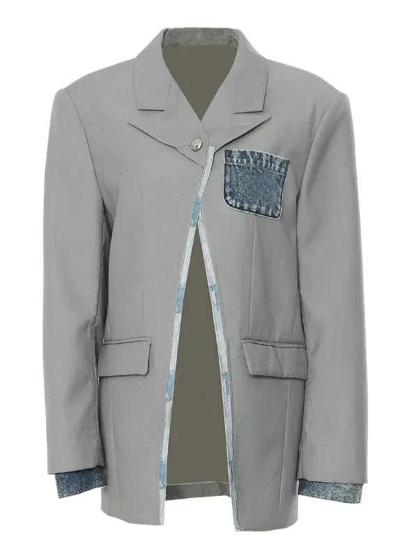 Wenkouban-Winter outfits Christmas Notched Denim Spliced Single Button Blazer Jacket