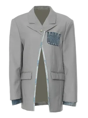 Wenkouban-Winter outfits Christmas Notched Denim Spliced Single Button Blazer Jacket