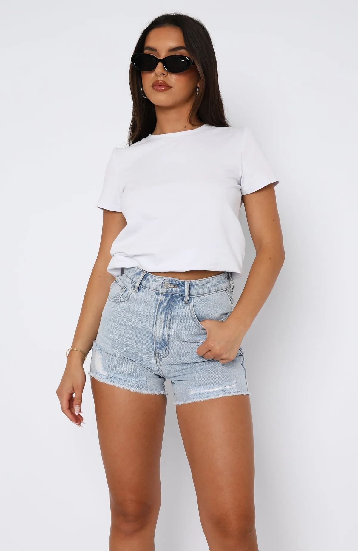 What Are We Denim Shorts Powder Blue Wash Versatile Layering