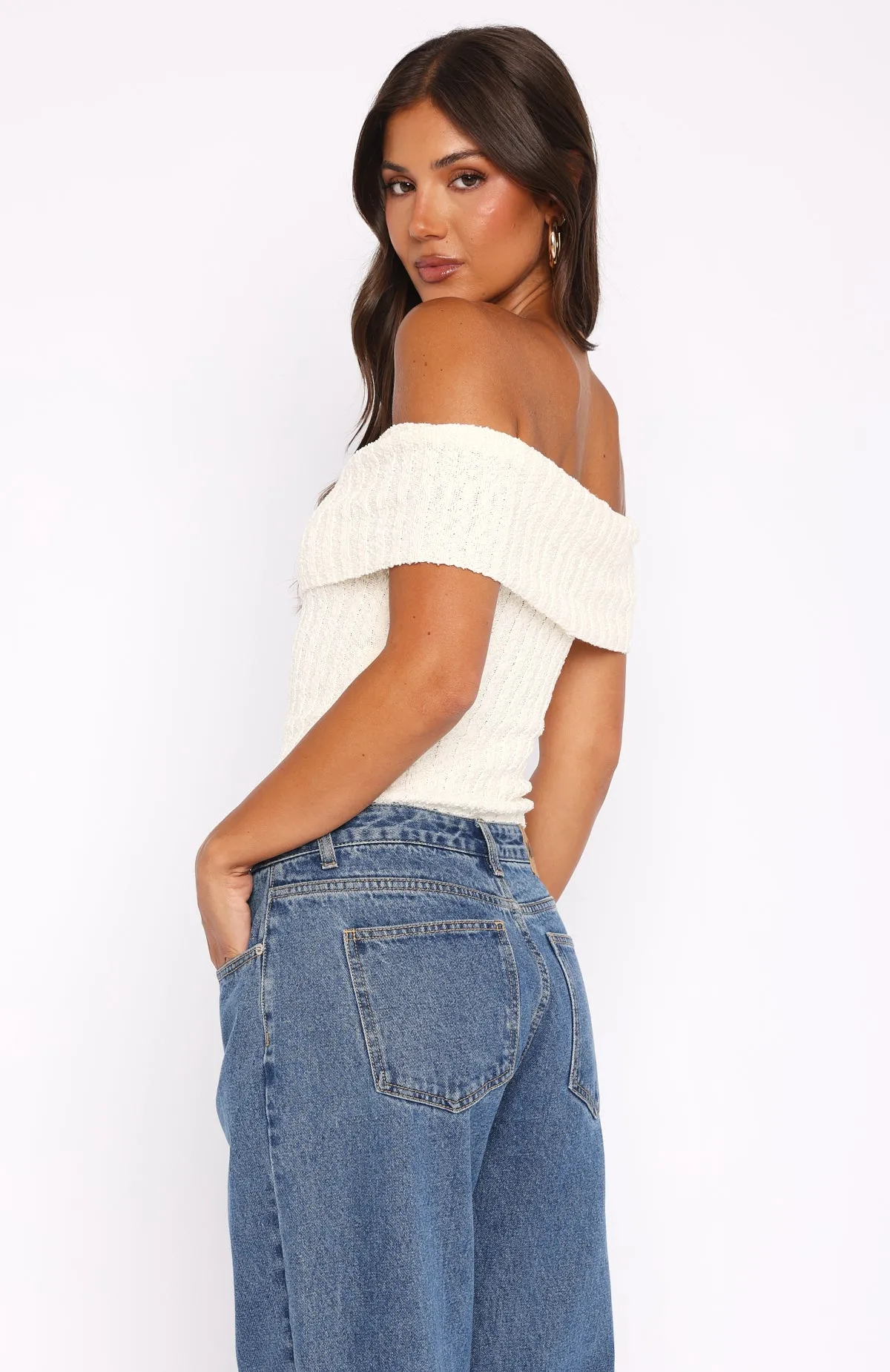 What I Want To Hear Off Shoulder Knit Top Cream SoftInteriorLining QuickDryTech