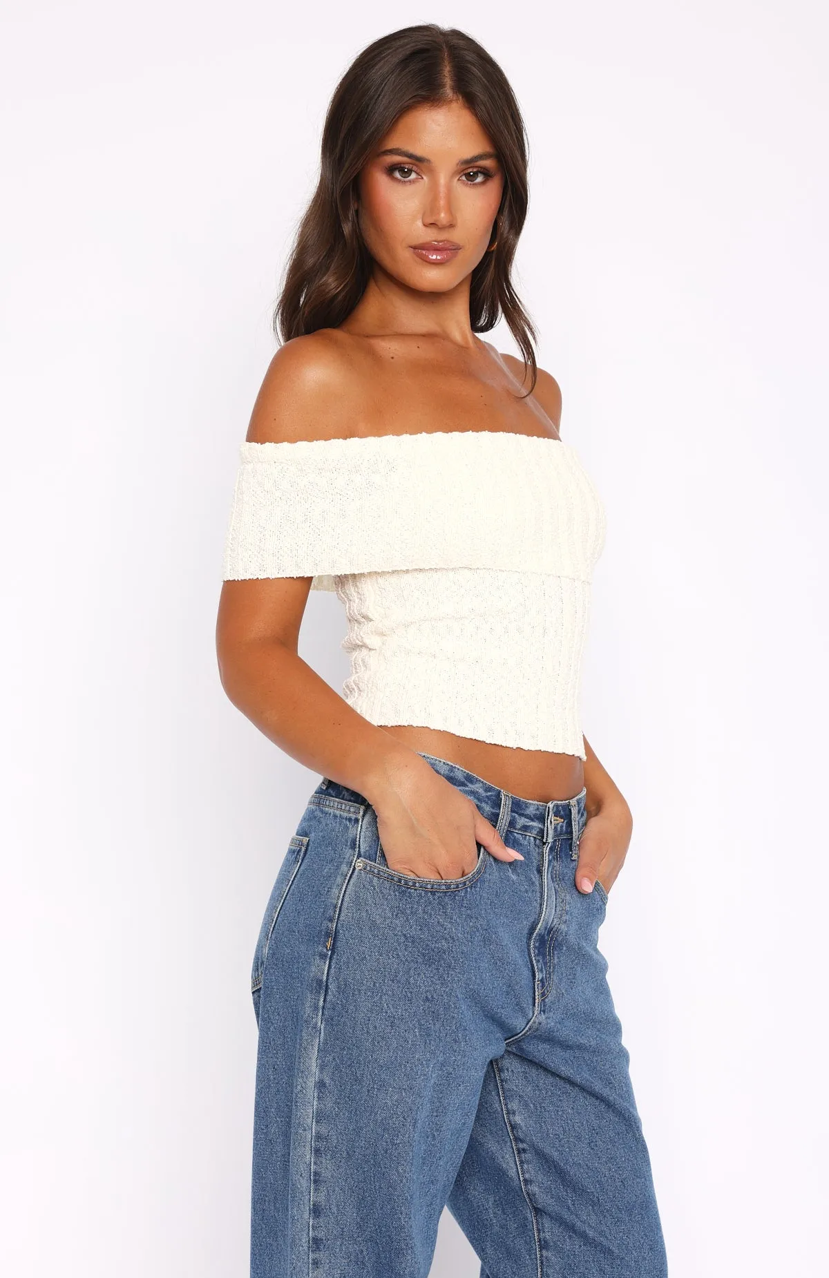 EcoFriendlyBlend What I Want To Hear Off Shoulder Knit Top Cream