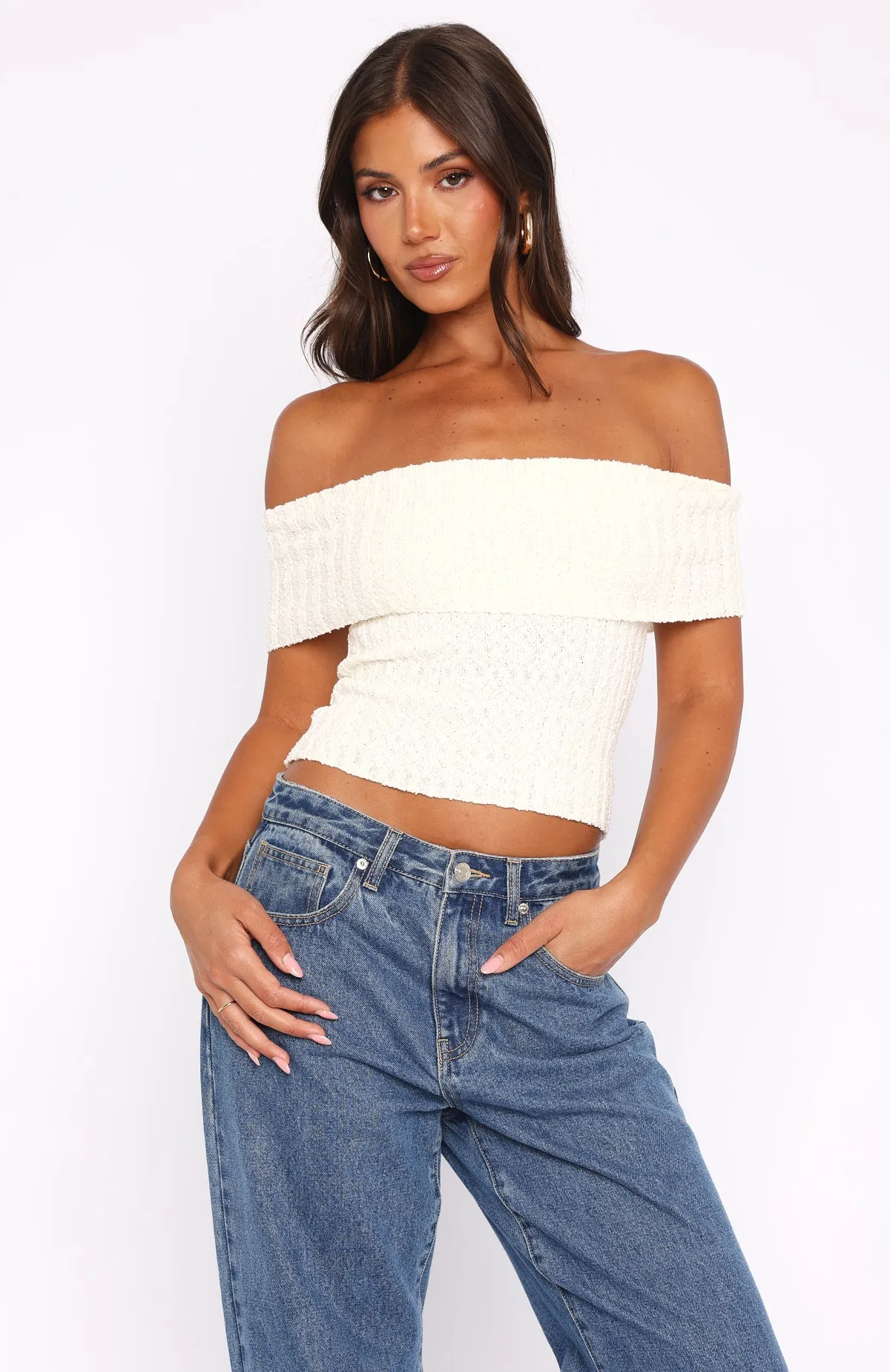 PaddedInsulation Anti Static Weave Technology What I Want To Hear Off Shoulder Knit Top Cream