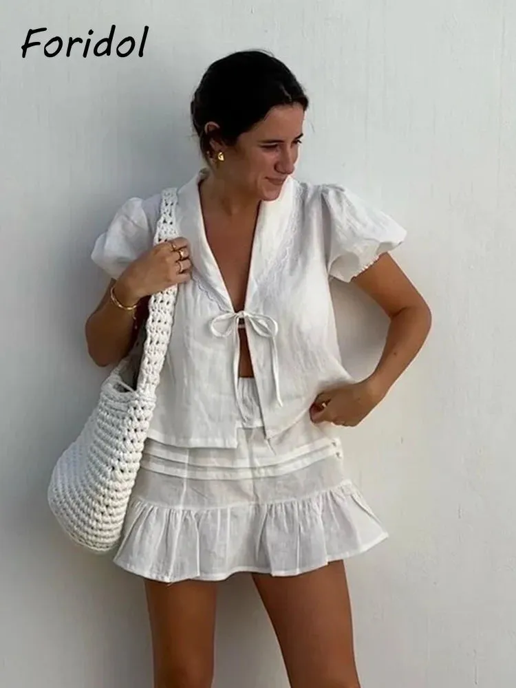 White Cotton Ruffled Top & Skirt Beach Casual Suit