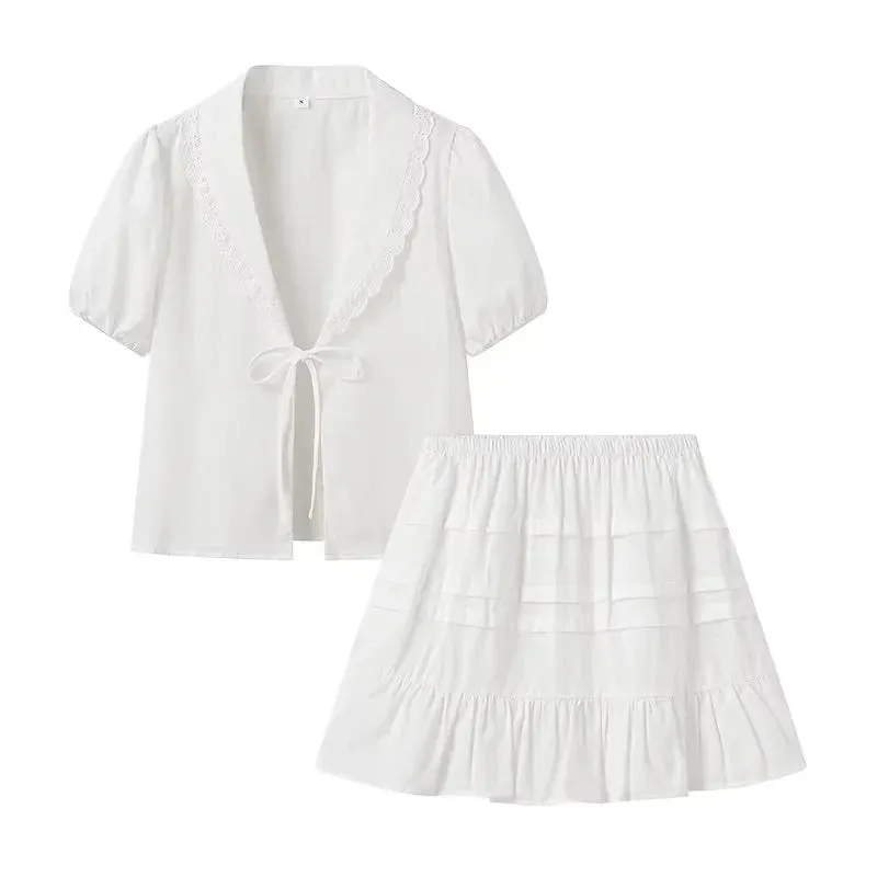 White Cotton Ruffled Top & Skirt Beach Casual Suit