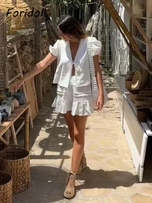 White Cotton Ruffled Top & Skirt Beach Casual Suit