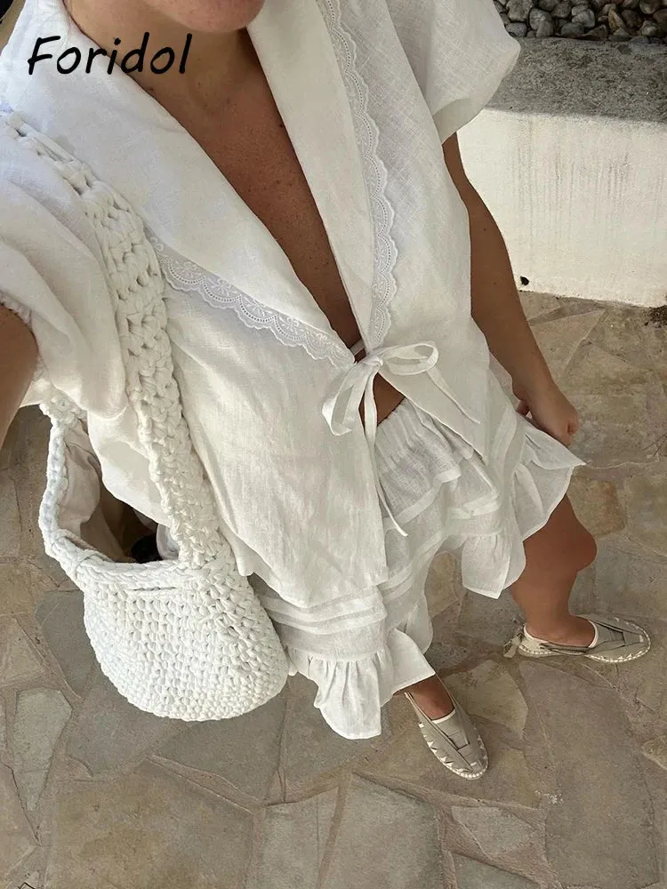 White Cotton Ruffled Top & Skirt Beach Casual Suit