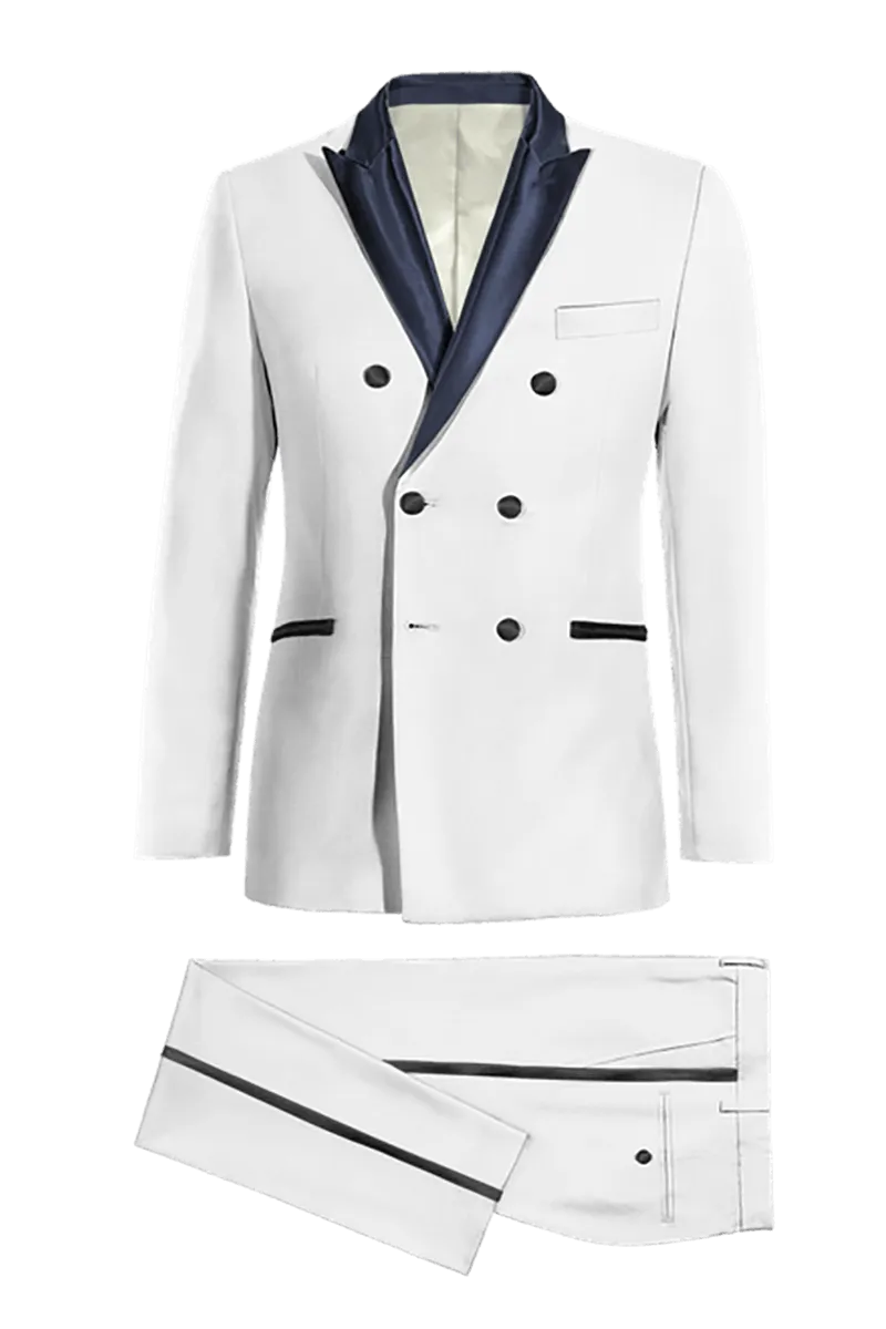 White Double Breasted Tuxedo with Blue Lapel Suit