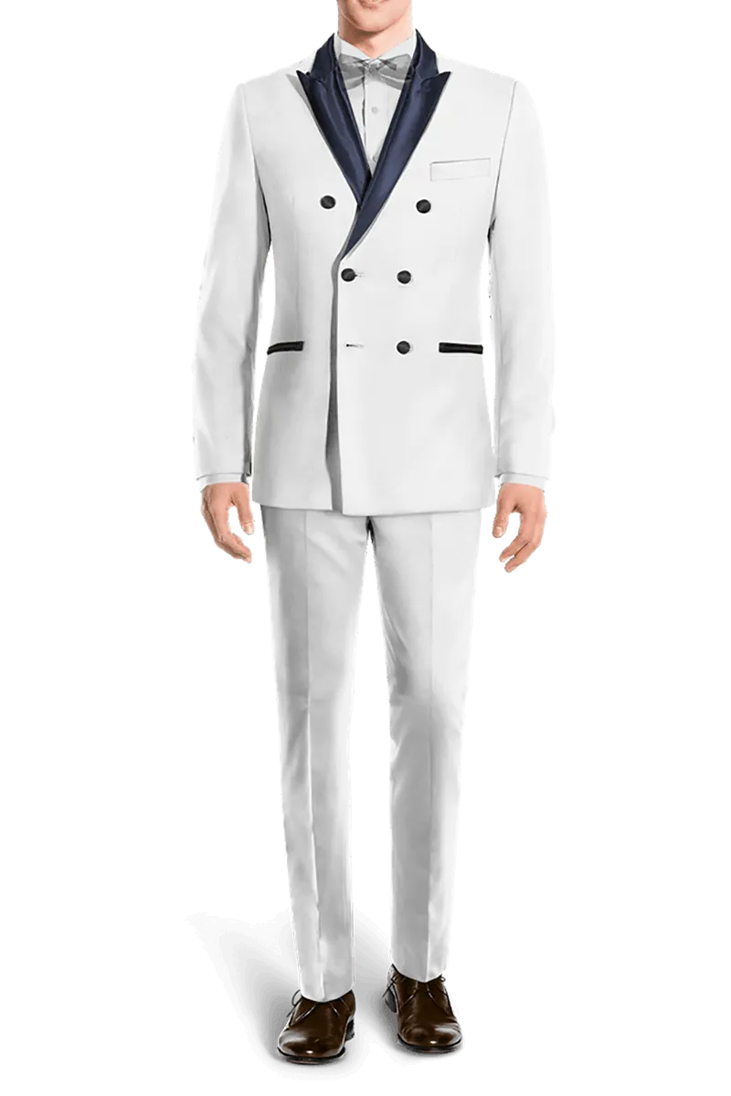 White Double Breasted Tuxedo with Blue Lapel Suit