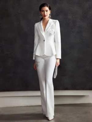 White Double Button Zipper Floral Beaded Blazer