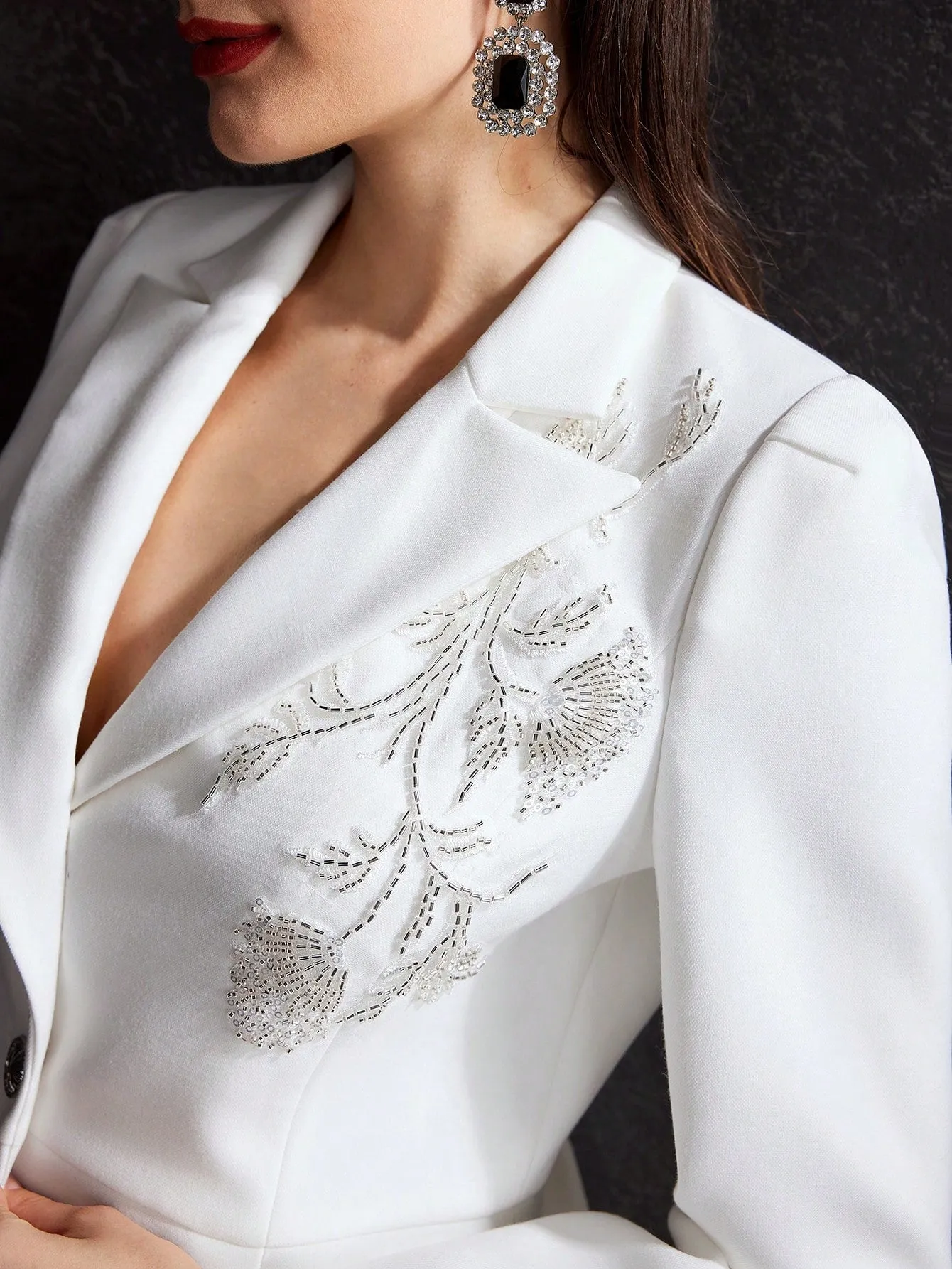 White Double Button Zipper Floral Beaded Blazer