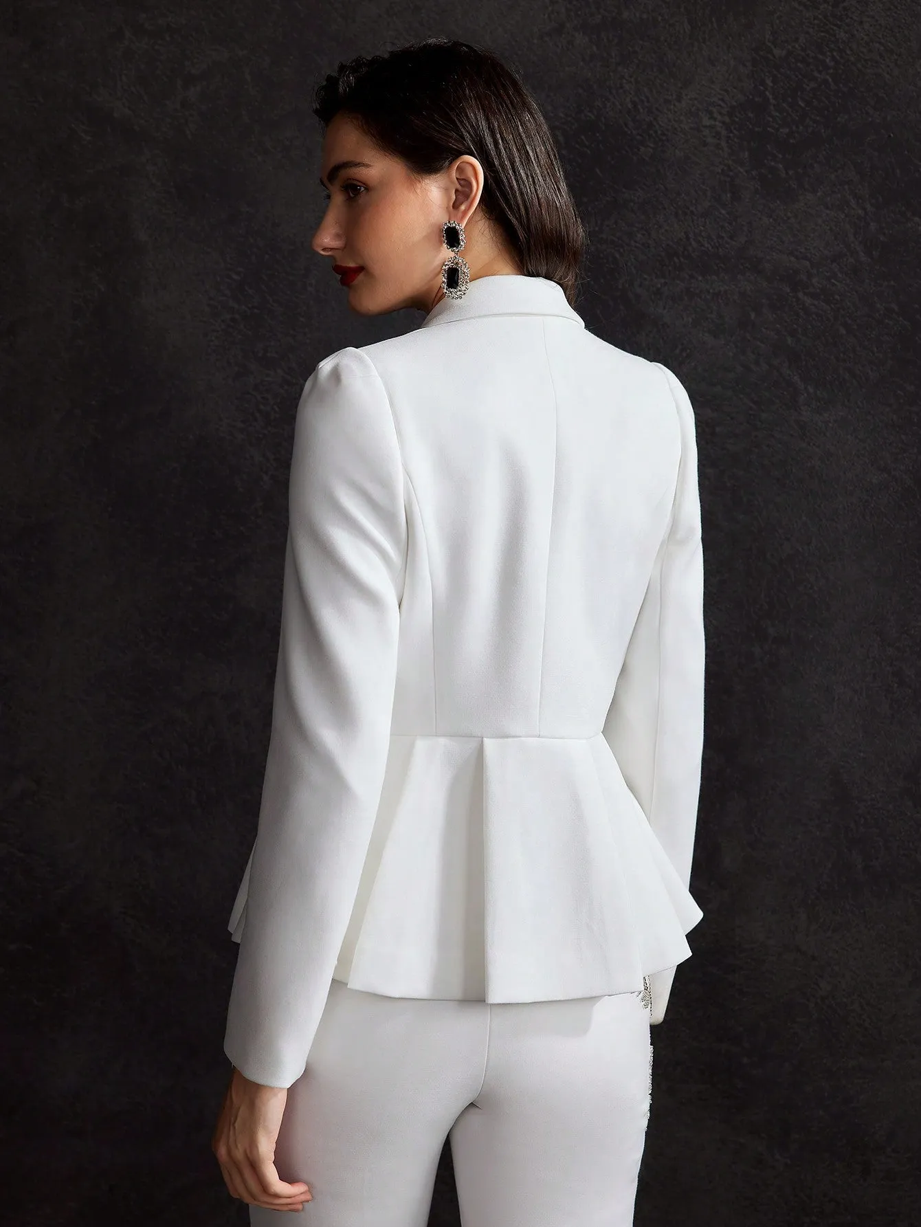 White Double Button Zipper Floral Beaded Blazer