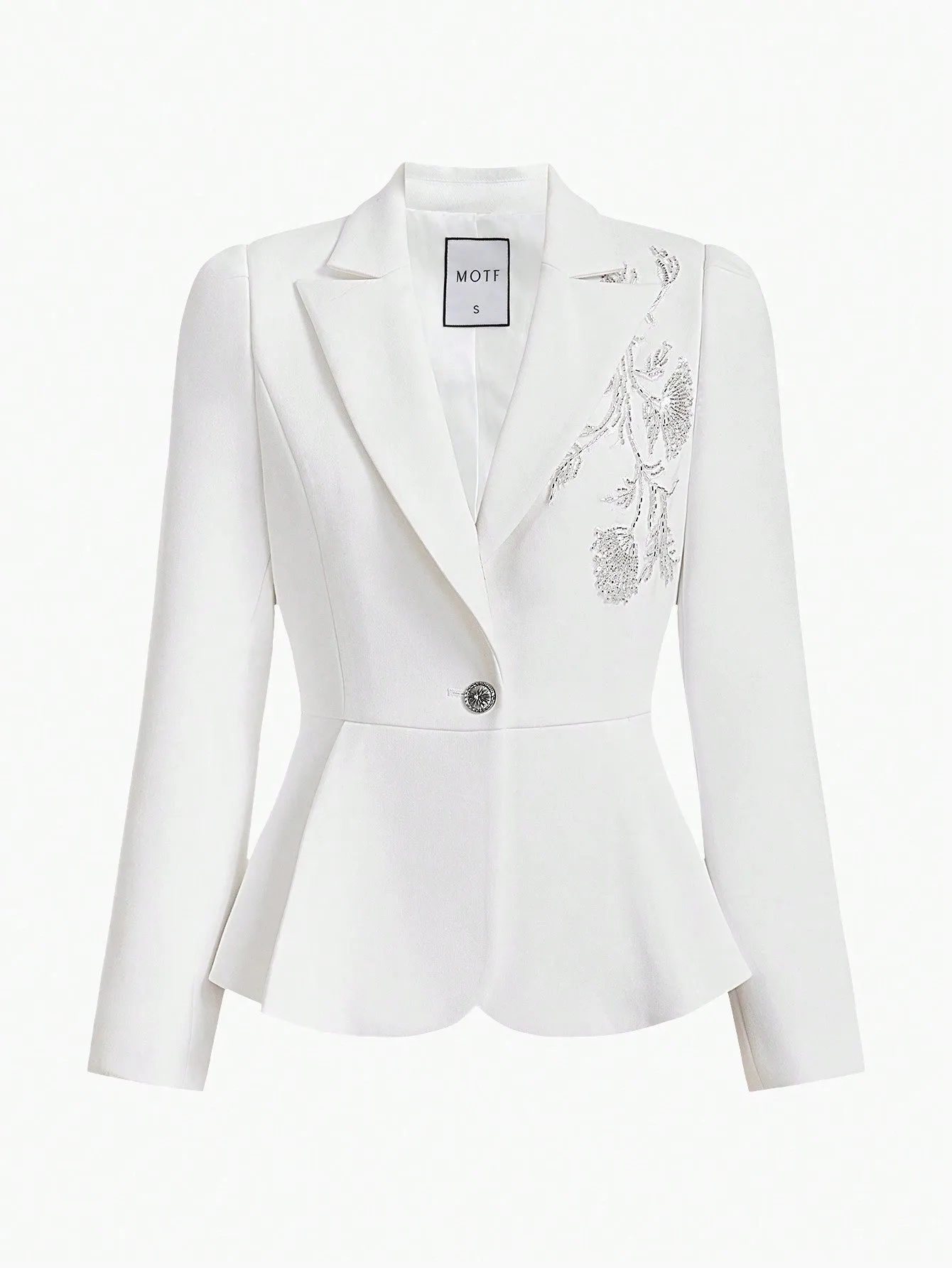 White Double Button Zipper Floral Beaded Blazer