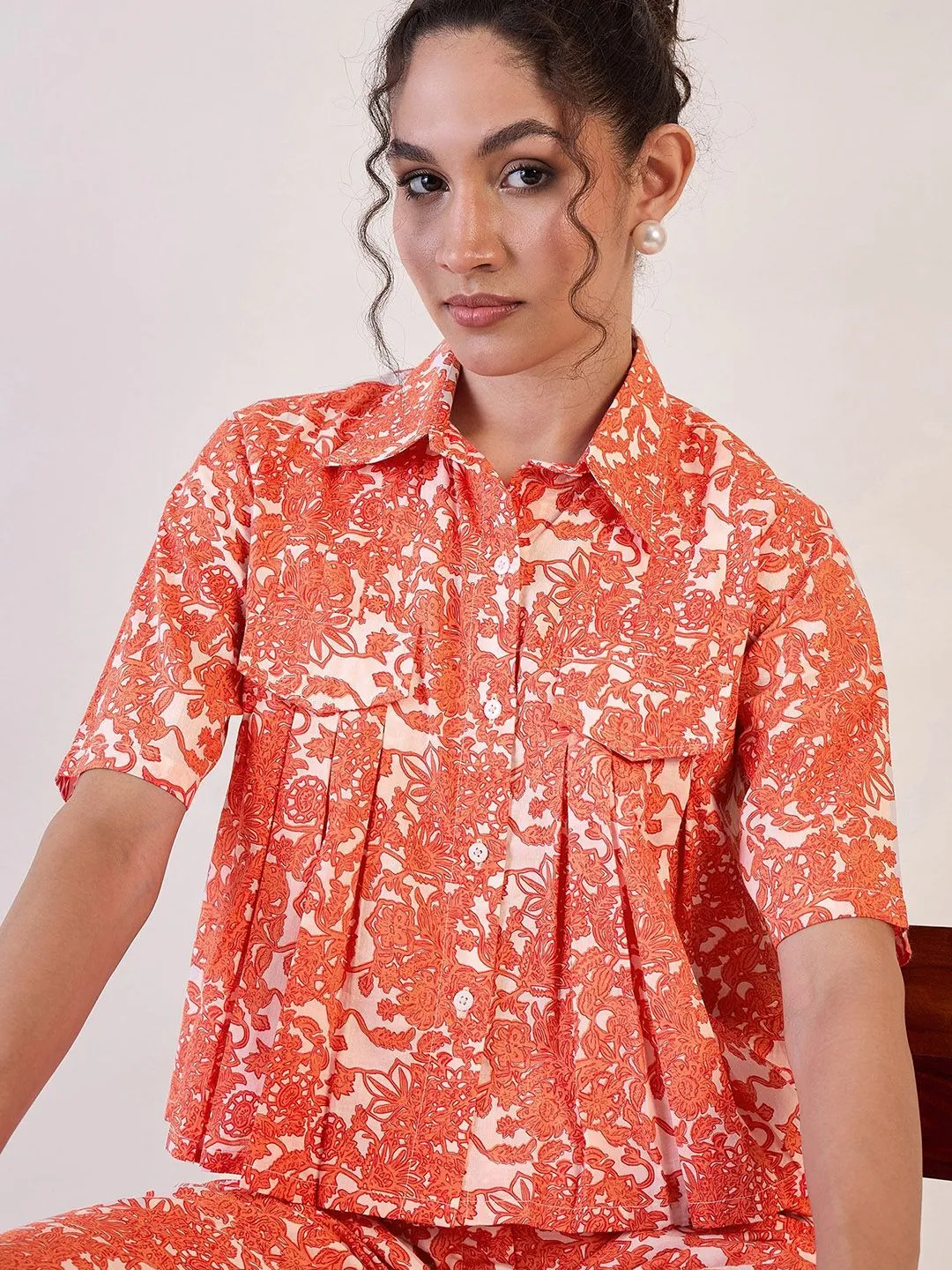 White Floral Collar Shirt With Straight Trouser